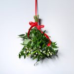 Mistletoe,Bunch,With,Red,Bow,Hanging,On,Light,Wall.,Traditional