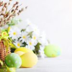 Happy,Easter.,Congratulatory,Easter,Background.,Easter,Eggs,And,Flowers.